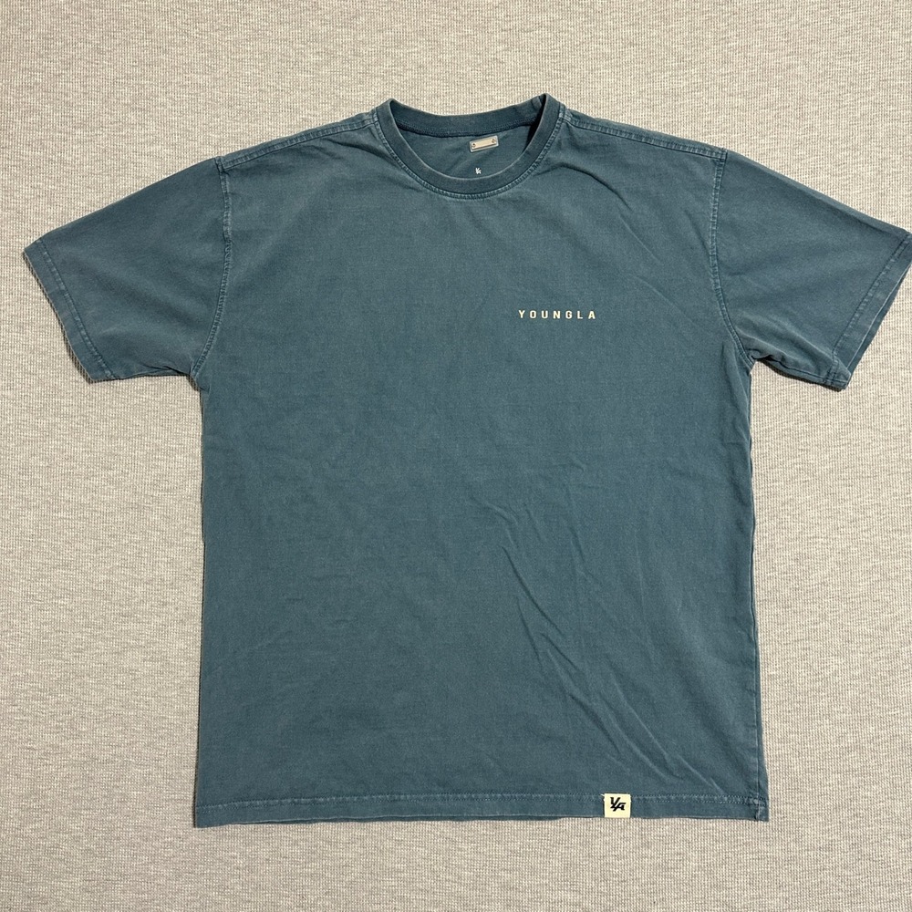 YoungLA Mens Small Teal Blue Cotton Graphic Logo T-Shirt Streetwear Gym Tee